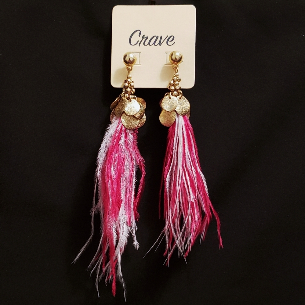 Disk & Bead Pink & White Feather Tassel Earrings